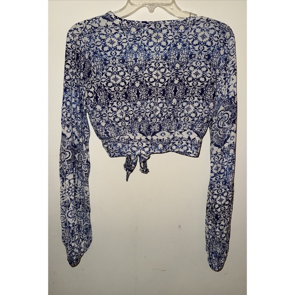 Windsor Blue & White Floral Crop Top Balloon Sleeve Tie Front Boho S - Picture 4 of 4